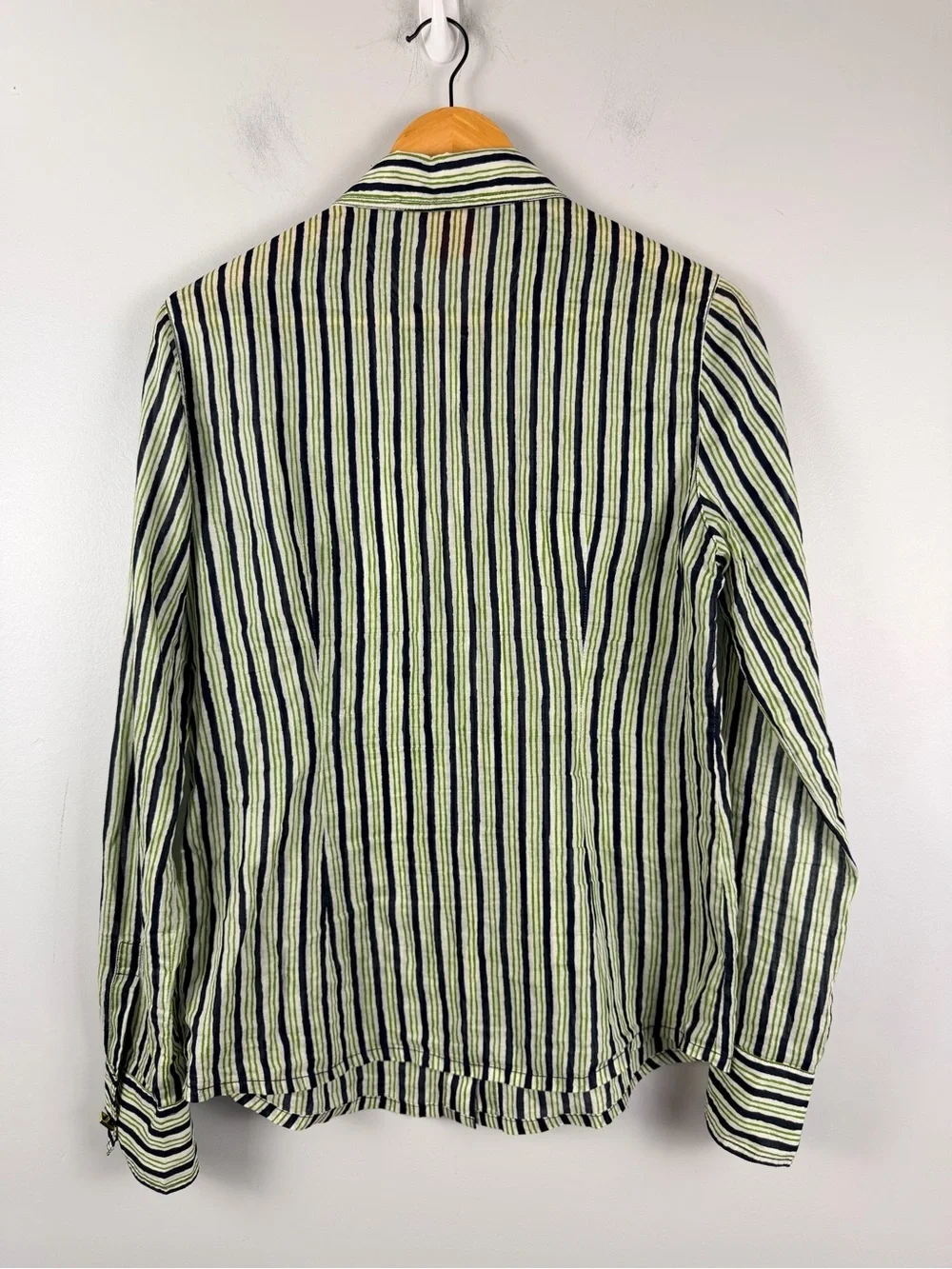 Tory burch green navy white stripe button down blouse with gold detail size 10